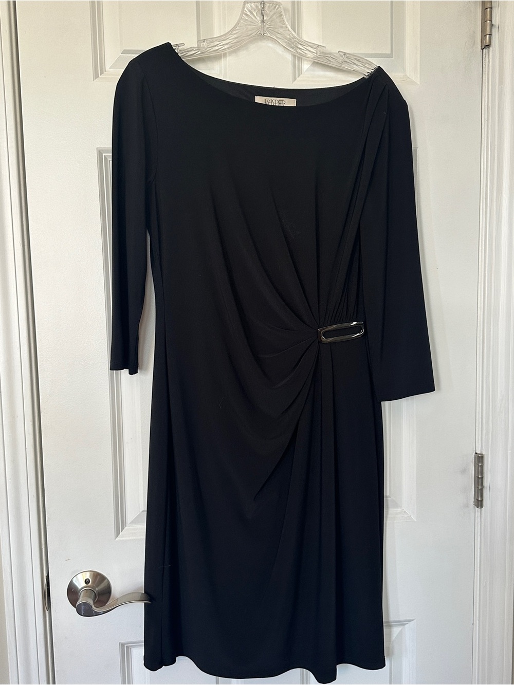 Kasper Black Long-Sleeve Draped Sheath Dress with Buckle Detail